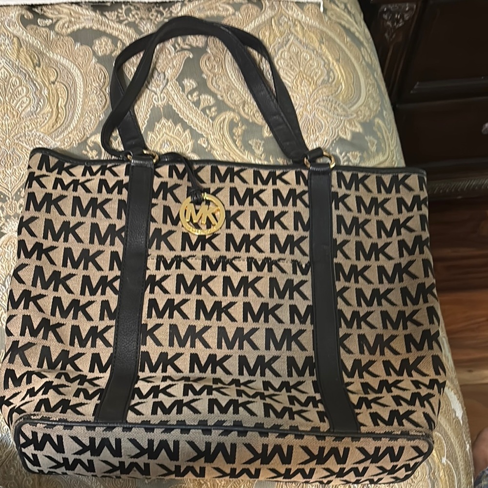 Michael Kors Black and Tan Shopper Bag with Monogram Print